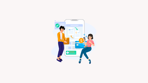 Animation eines E-Commerce-Shops, in dem eine Person liefert und ein Mädchen online bestellt